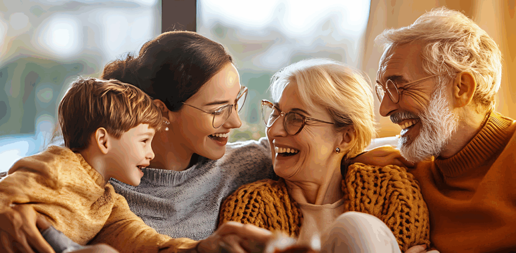 Three generations of a happy family laughing together on a cozy couch