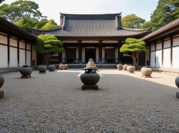 Peaceful Japanese Zen garden with raked gravel and stone lanterns