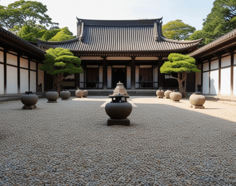 Peaceful Japanese Zen garden with raked gravel and stone lanterns