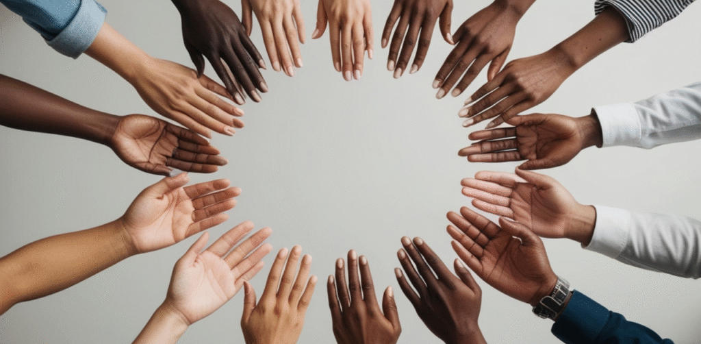 Diverse group of hands forming a circle symbolizing unity and inclusion