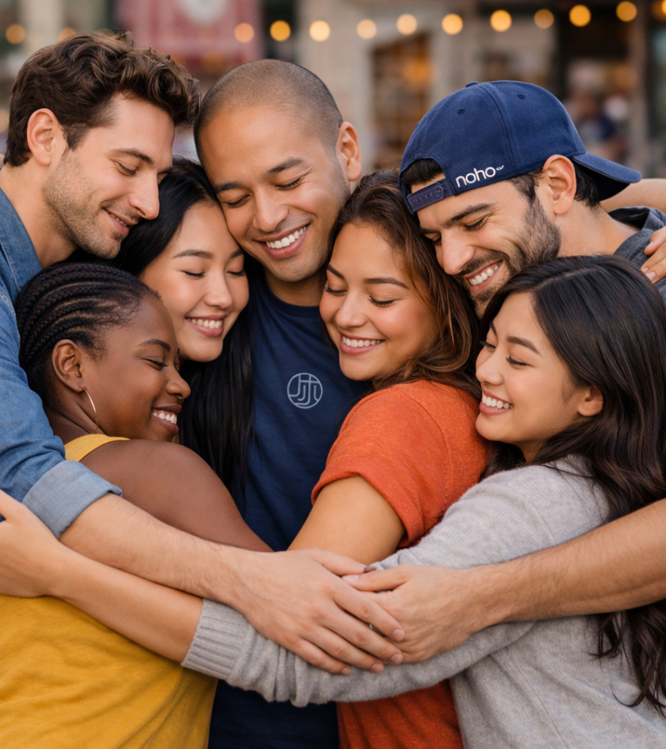 Group of diverse friends sharing a warm group hug outdoors, smiling and showing connection, unity, and friendship